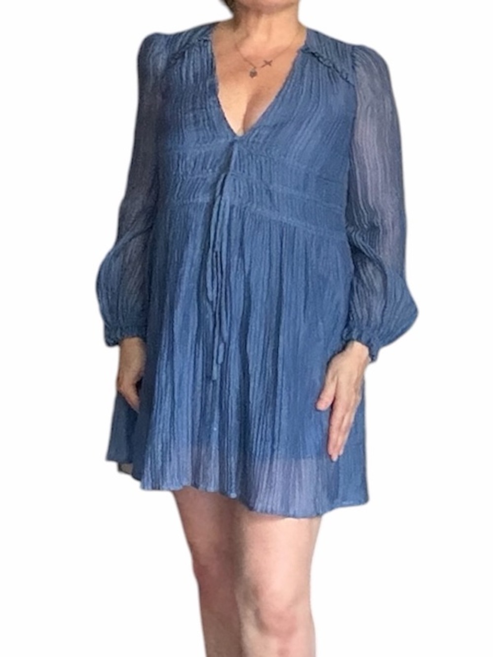 Maje Blue Mini Dress with Sheer Long Sleeves